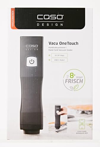 CASO Vacu OneTouch - Handvakuumierer inkl. Zubehör, 10 ZIP-Beutel, 2 ZIP-Locker, CASO Food Manager Sticker, bis zu 150 Minuten Akku-Laufzeit - 10